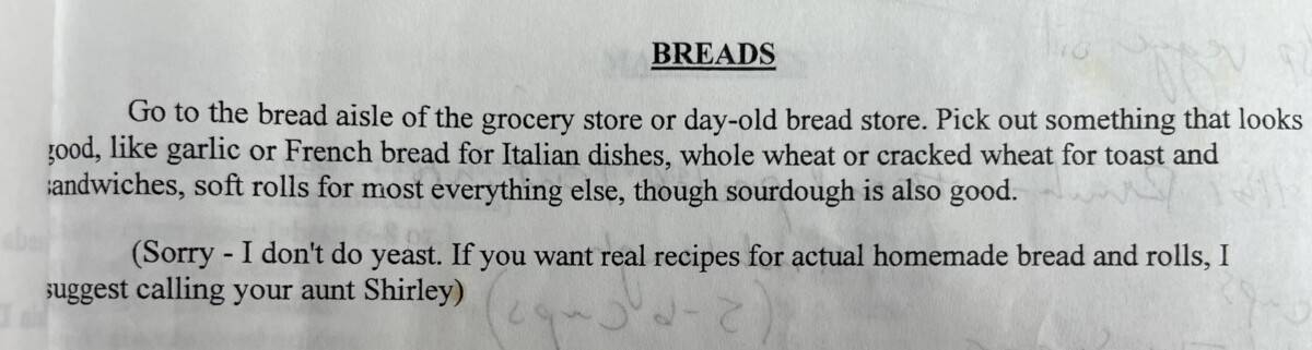 My mom's bread recipe typed on paper.