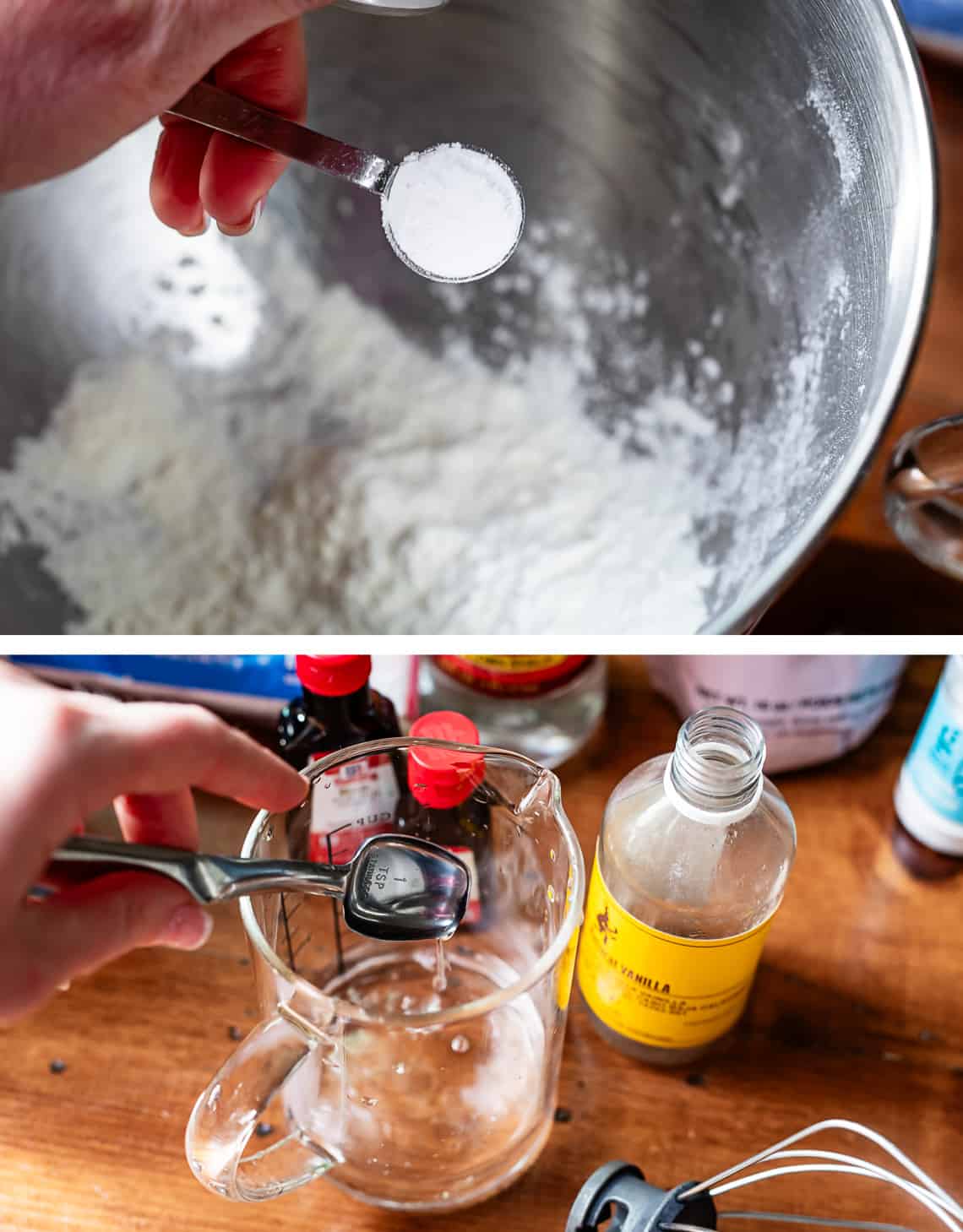 Adding teaspoon of cream of tartar to a mixing bowl of other dry ingredients.