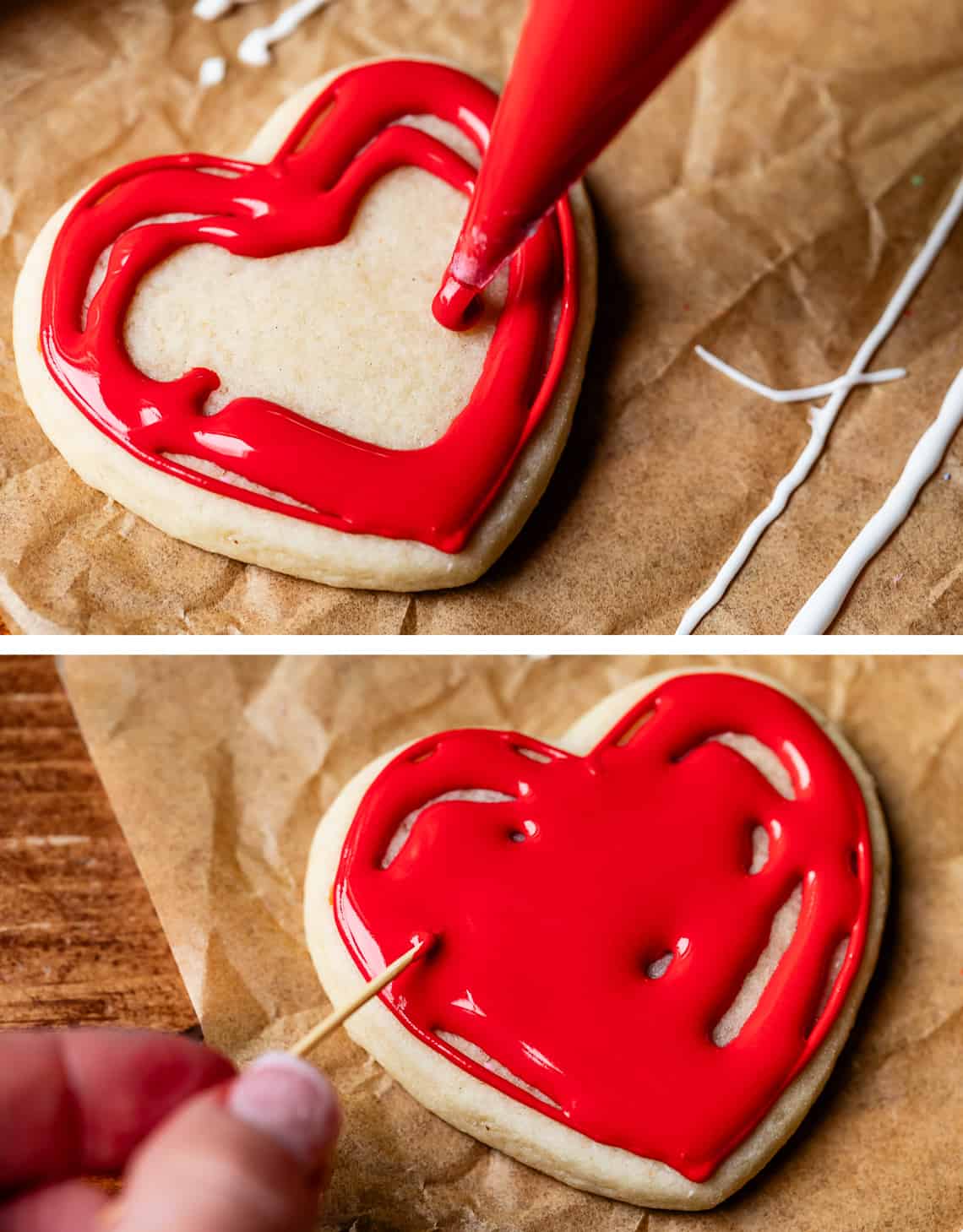 top filling heart in with flooding icing, bottom moving the icing around with a toothpick.