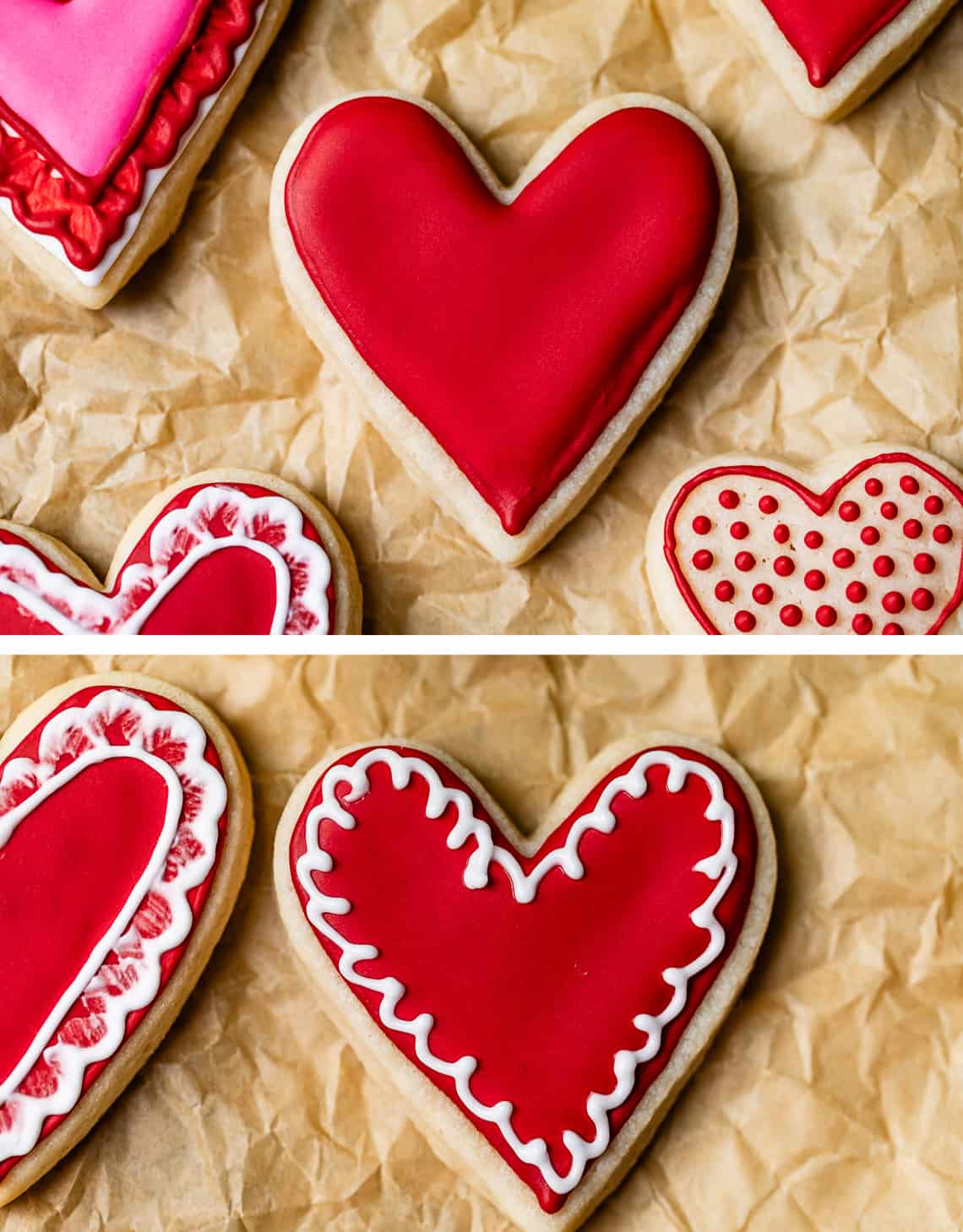 top heart shaped cookie with red frosting that has dried overnight, bottom adding white as lace over red.