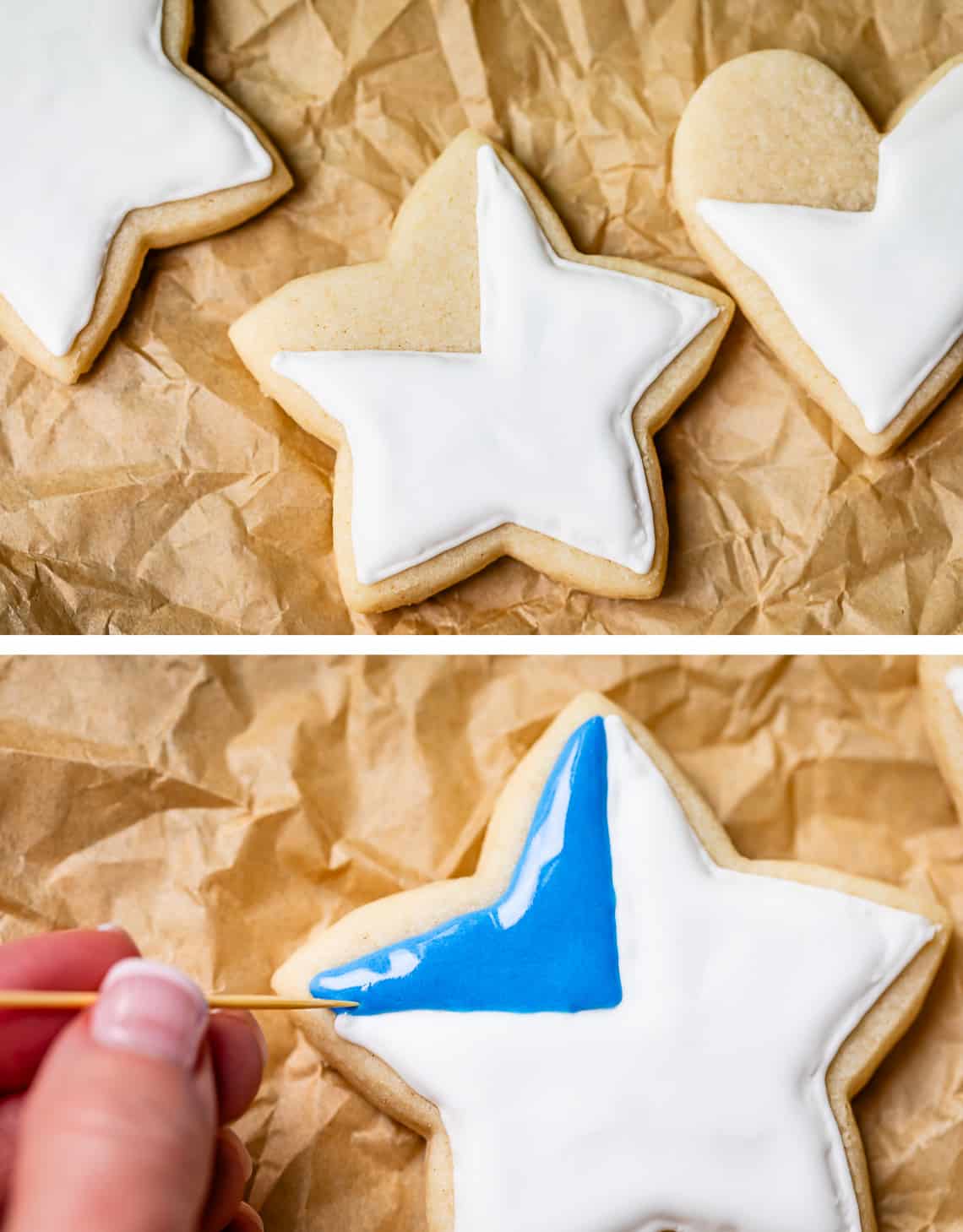 top star with white frosting on all but one side, bottom filling in the empty spot with blue icing.