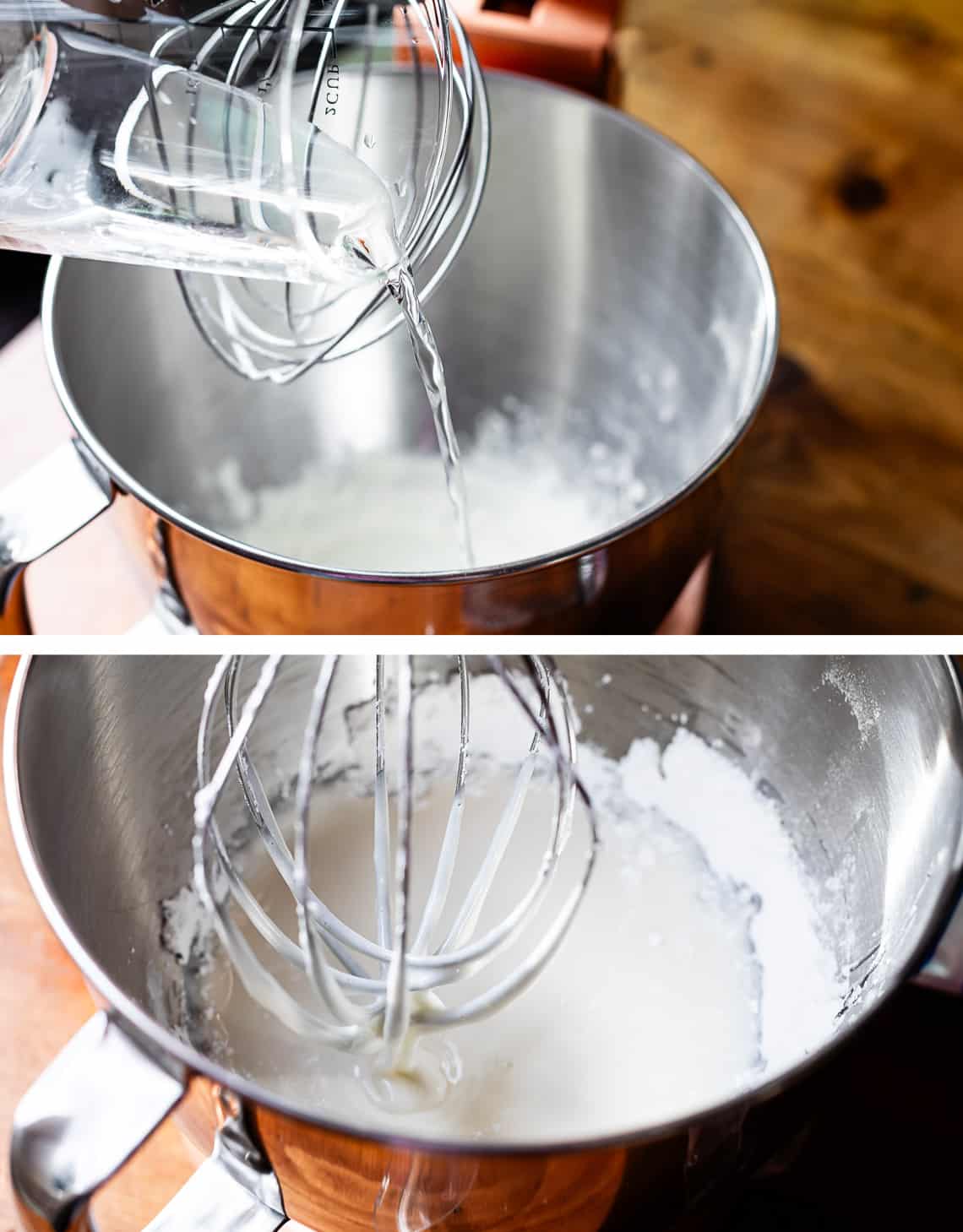 top adding water to the mixing bowl, bottom whisk dripping icing after mixing.