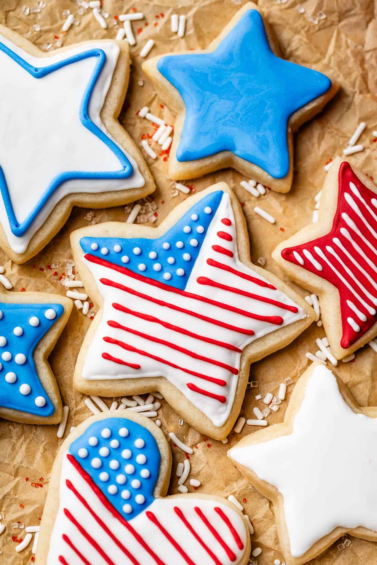 close up of star decorated as an american flag with royal icing.