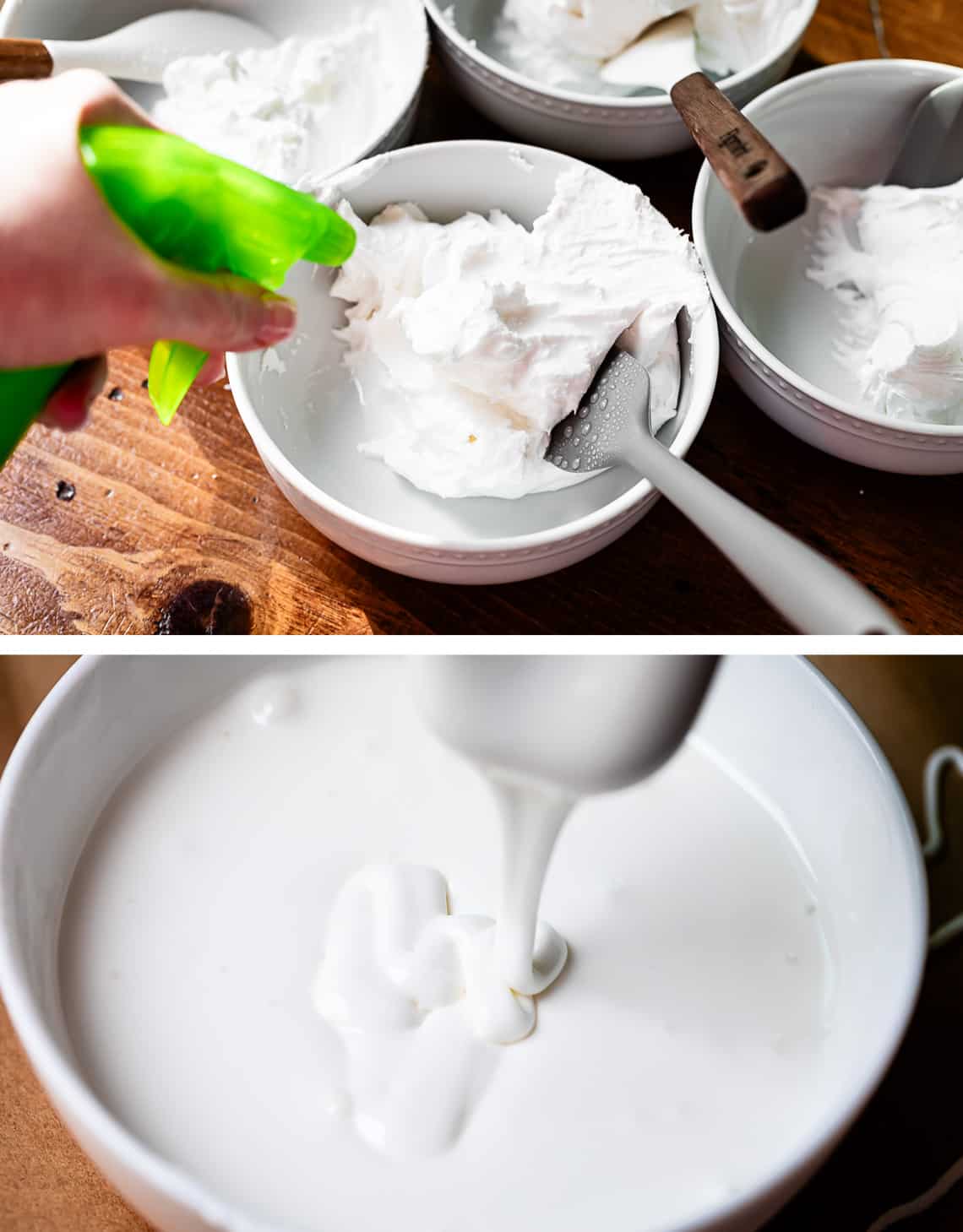 top spray bottle spraying white frosting in bowl, bottom thinner white frosting dripping into bowl.