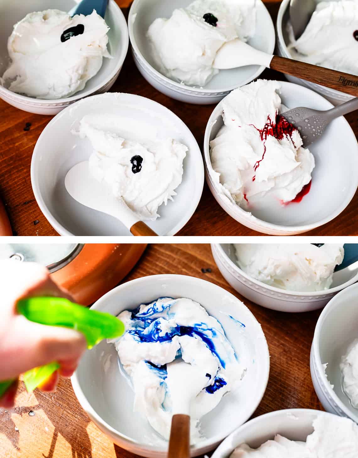 top five bowls with frosting and drops of food coloring in each, bottom spraying bowl with spray bottle.