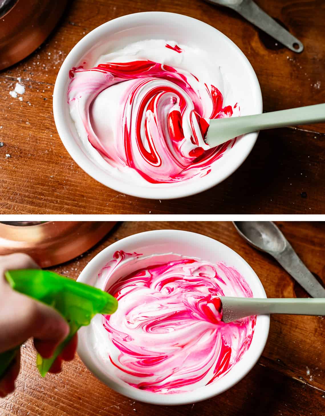 top stirring red coloring into white icing, bottom spraying more water into the red mixture.