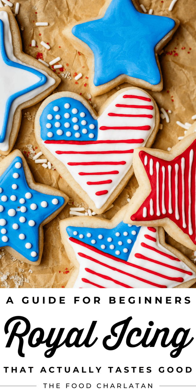Pin image for July 4th sugar cookie with royal icing.
