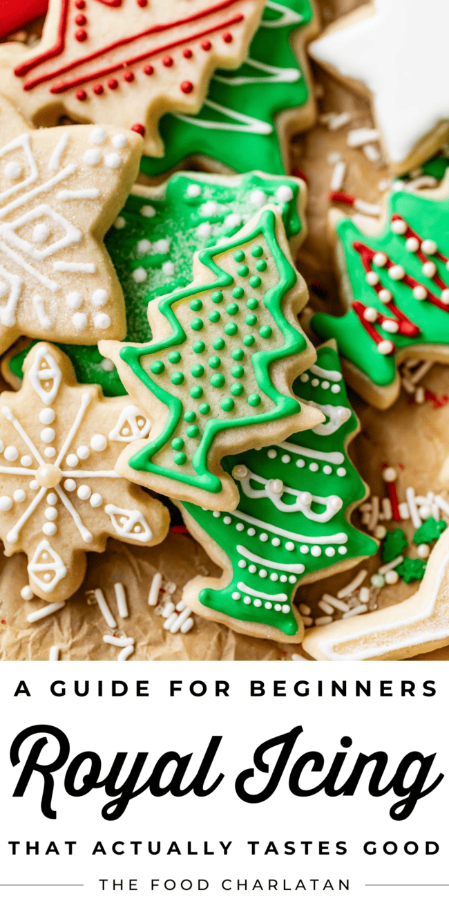 Pin image with green christmas tree cookie.