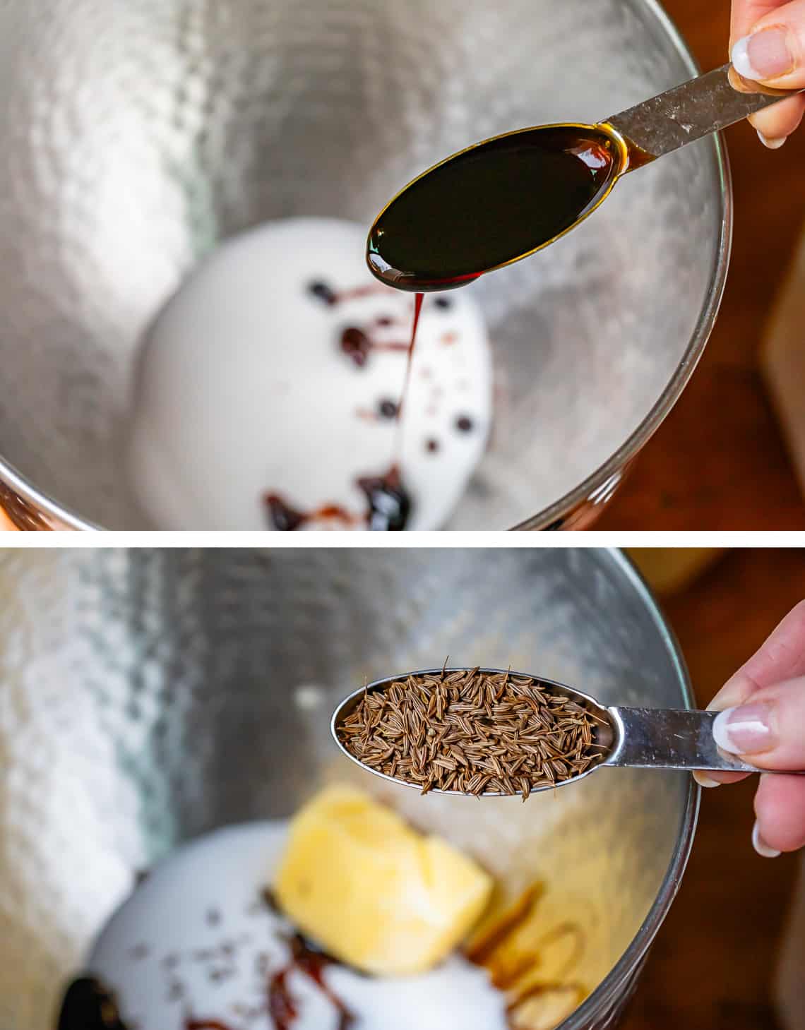 top adding molasses to a mixing bowl, bottom adding caraway seeds to same mixing bowl.