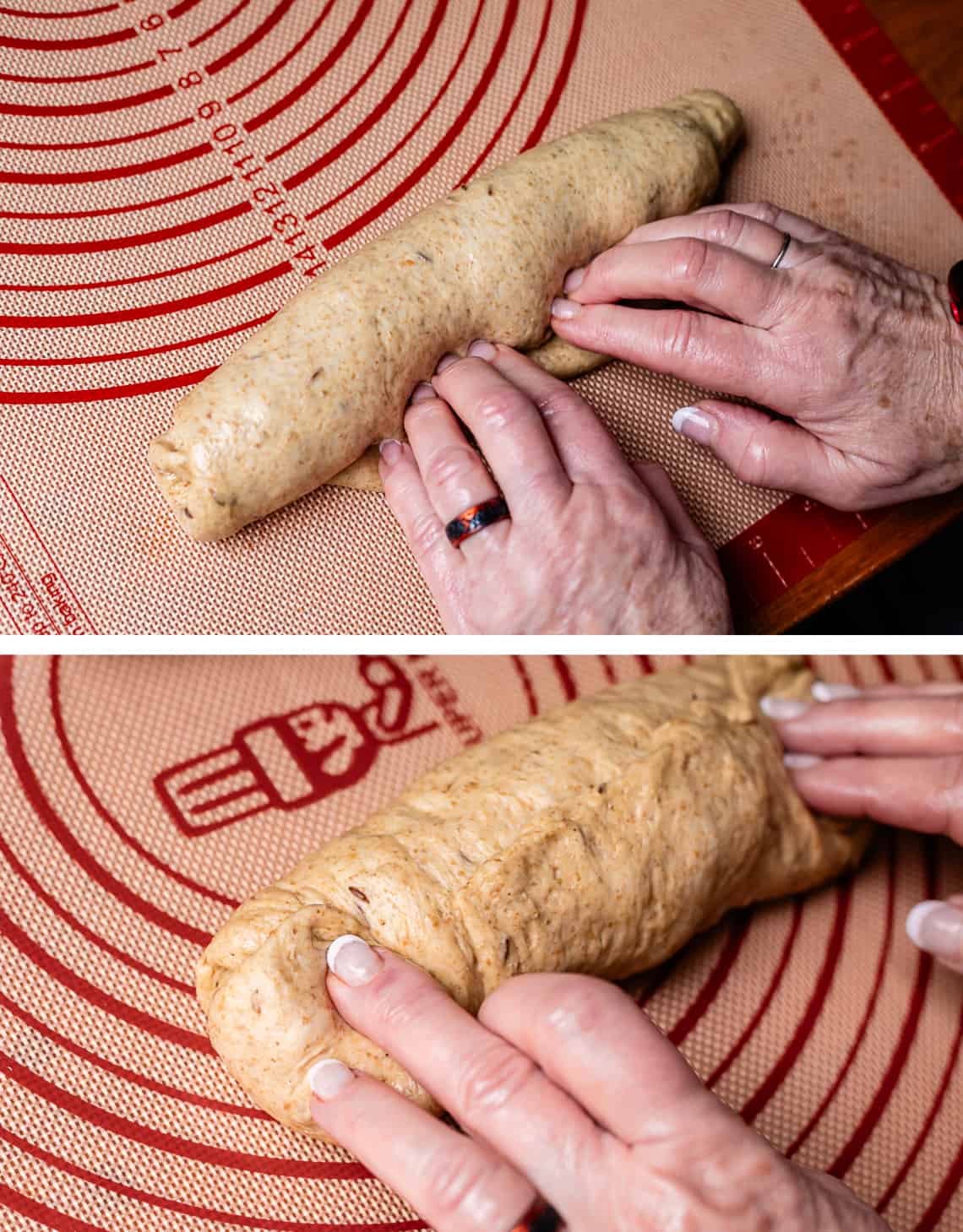 top finishing rolling the loaf, bottom folding in the ends of the loaf.