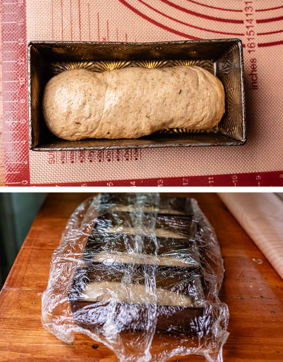 top unrisen bread in pan, bottom four pans with loaves in them covered in plastic wrap.