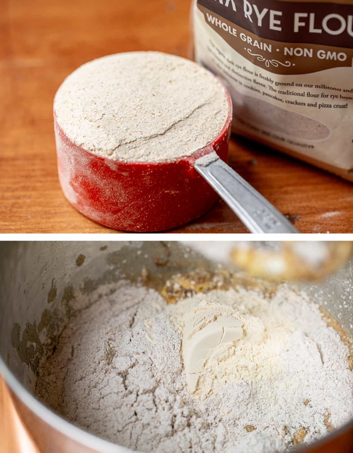 top a dry measuring cup filled with rye flour, bottom the rye flour poured into the mixing bowl.