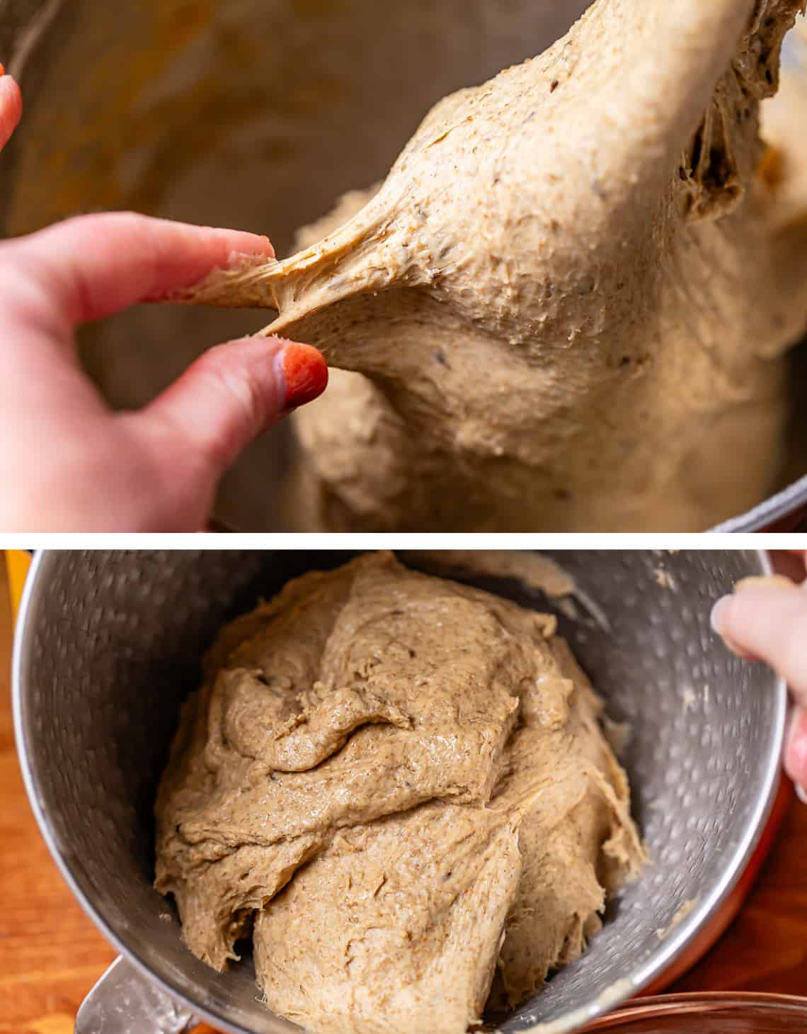 top fingers pulling at a sticky dough in the mixing bowl, bottom sticky dough in mixer.