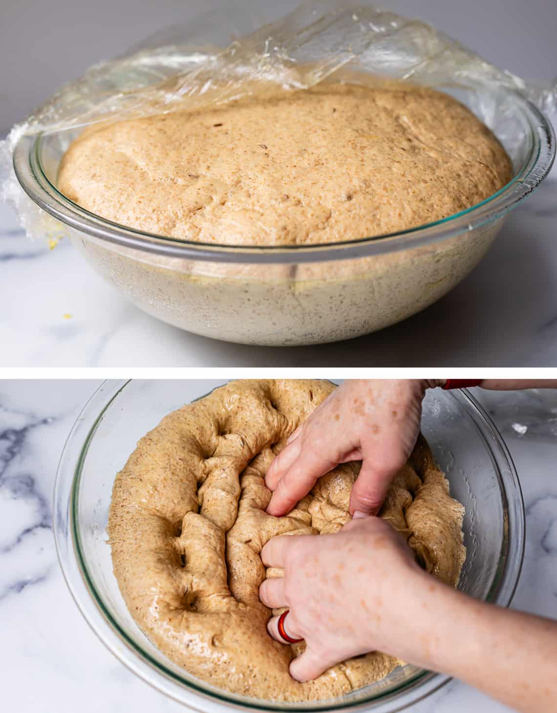 top risen dough in glass bowl with plastic wrap off, bottom using fingers to press down dough.