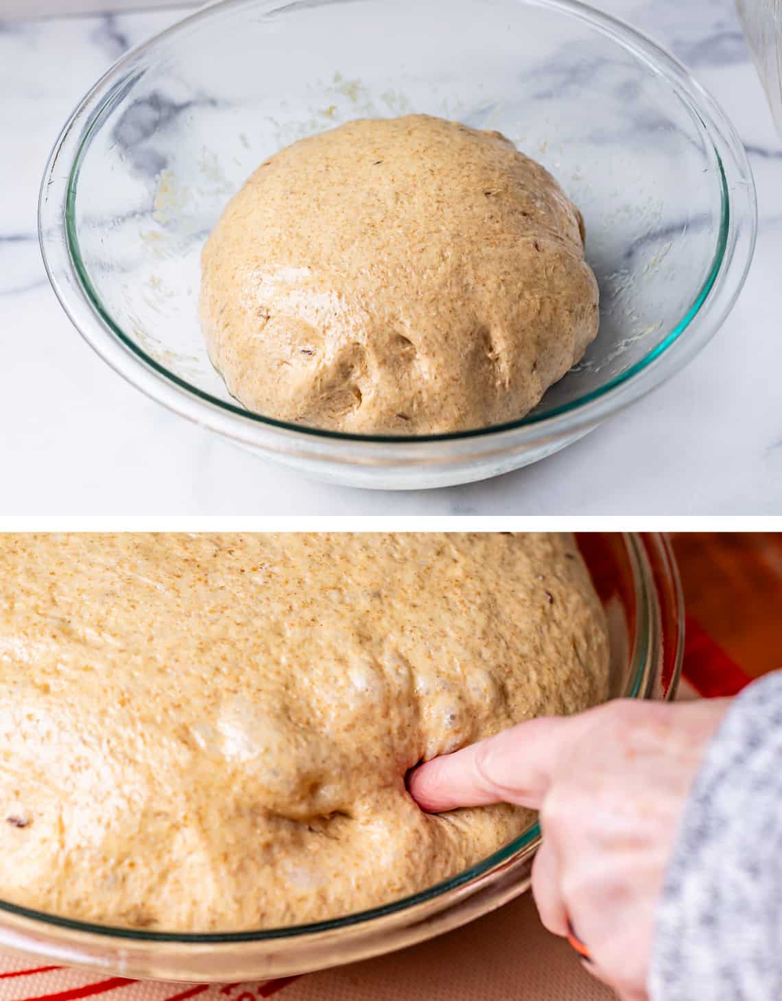 top punched down dough ball back in glass bowl, bottom a finger poking the double risen dough.