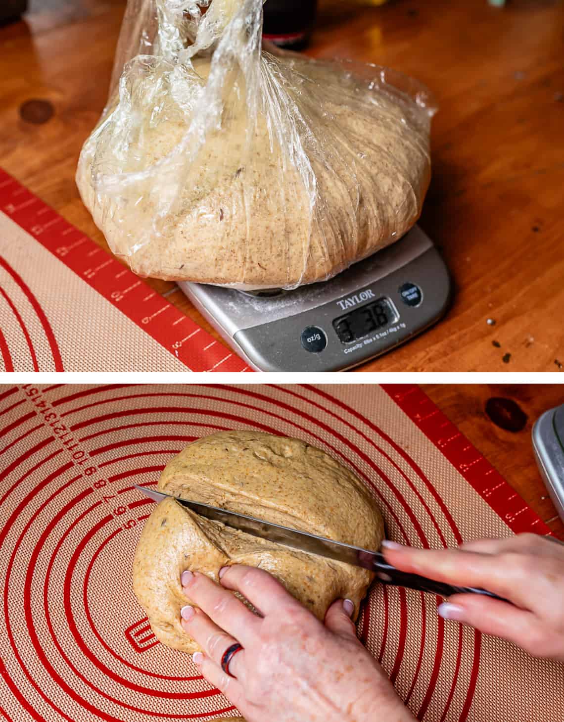 top weighing dough in plastic wrap on scale, bottom cutting dough with knife.