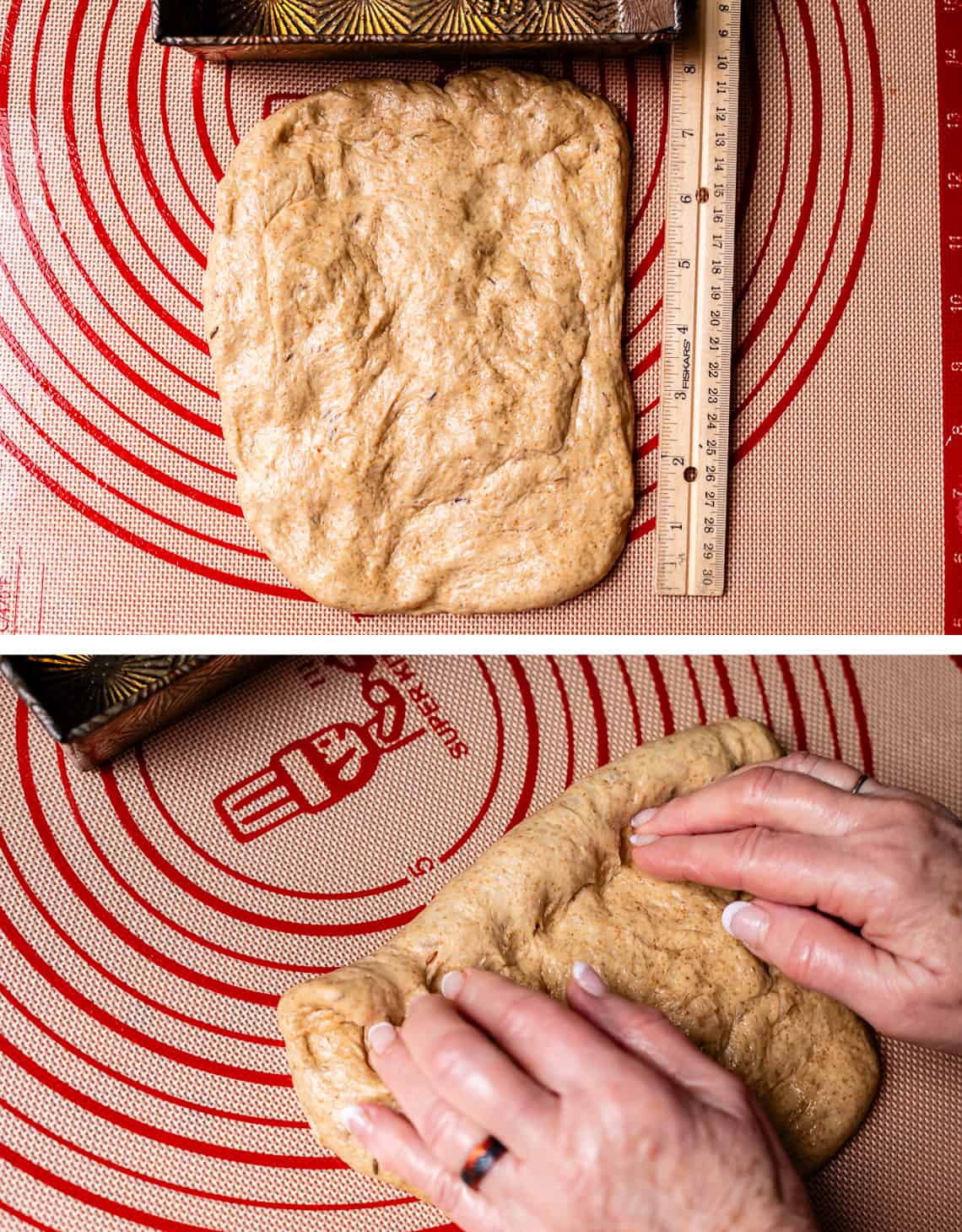 top measuring rolled out dough, bottom fingers making first roll on the dough.