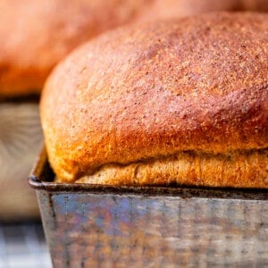 loaf of bread in a metal pan.