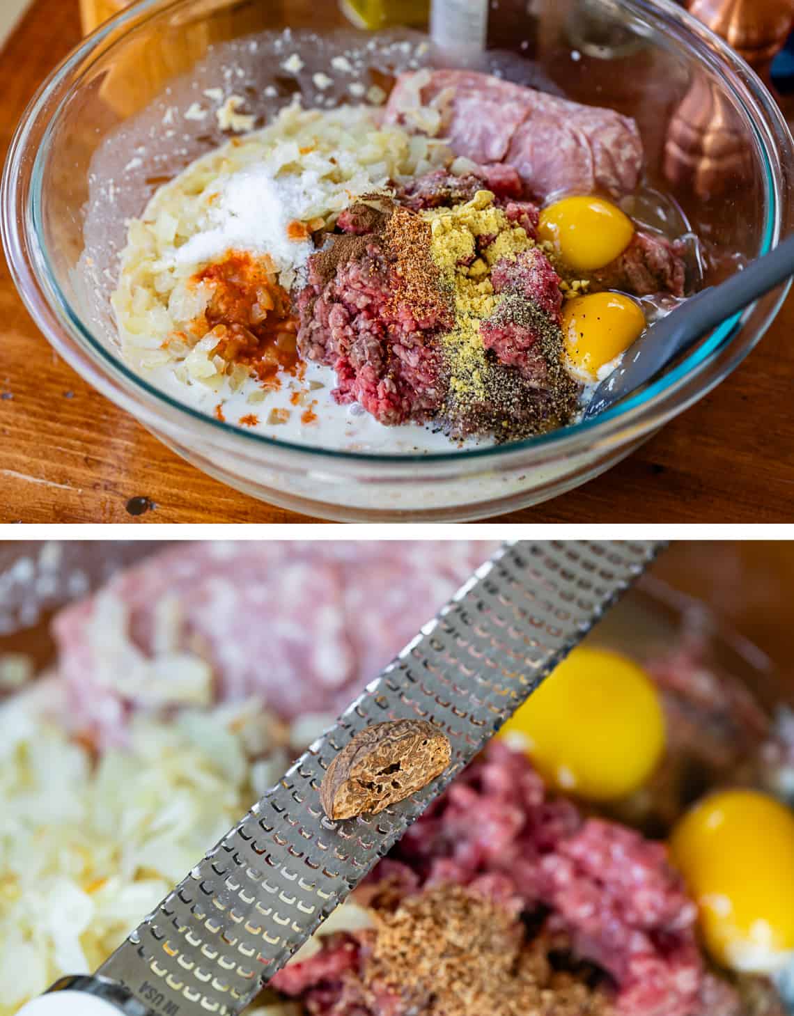 top meatball ingredients in a glass bowl, bottom grating fresh nutmeg with a microplane.