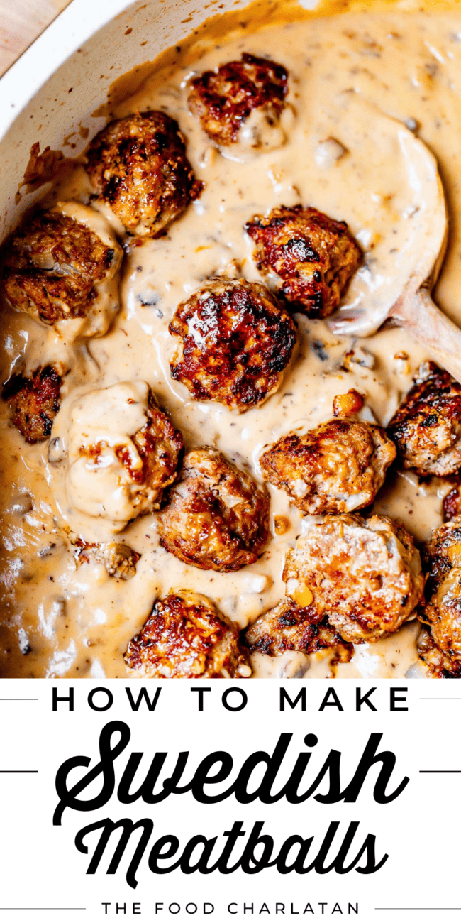 Browned Swedish Meatballs in a white pan with a spoon.