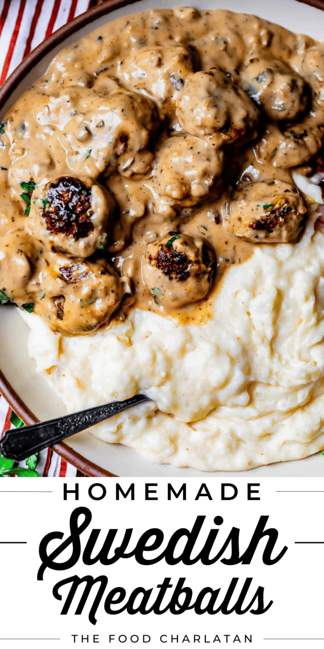 brown meatballs in a gravy sauce with mashed potatoes on a plate.
