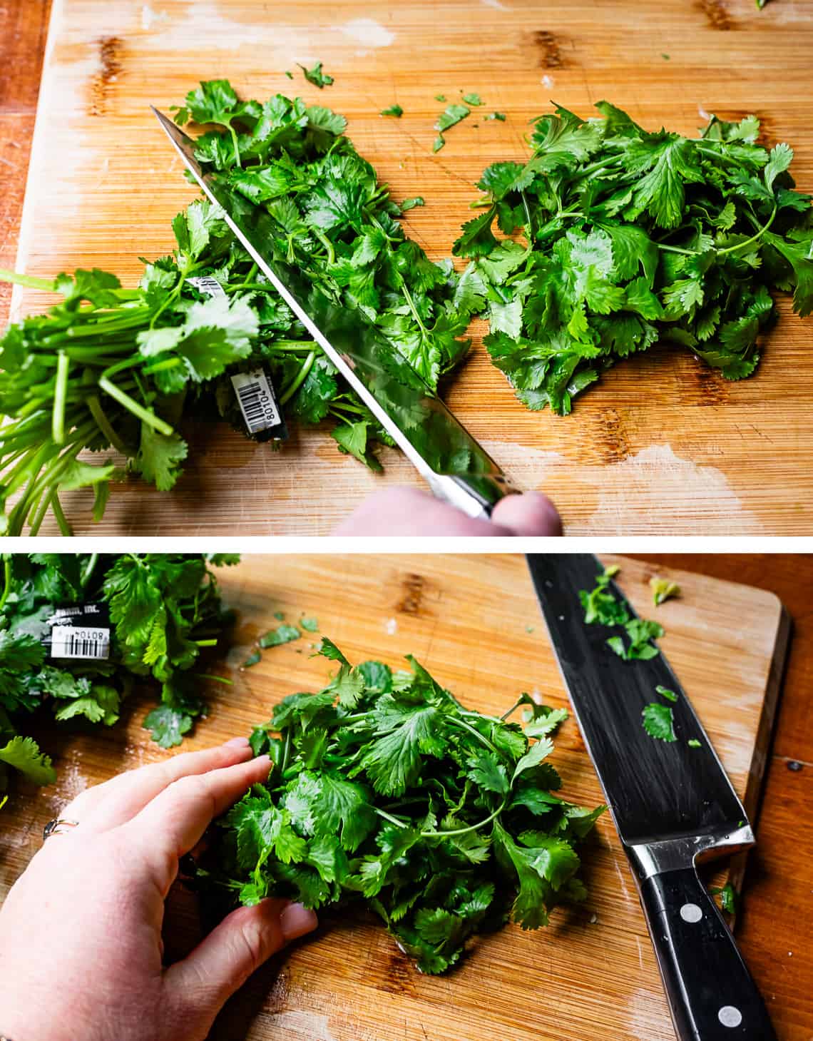 top chefs knife chopping cilantro off bottoms, bottom chopping entire bunch.