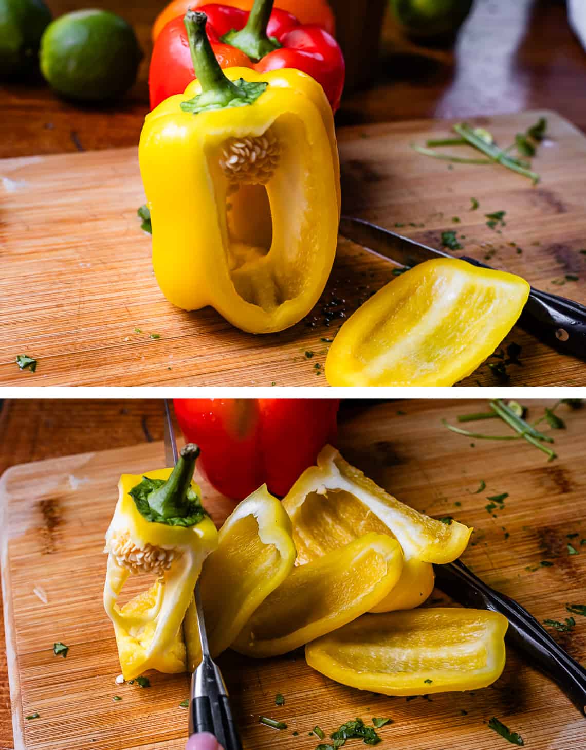top showing how to cut bell pepper; bottom all sides cut off the center of the bell pepper.