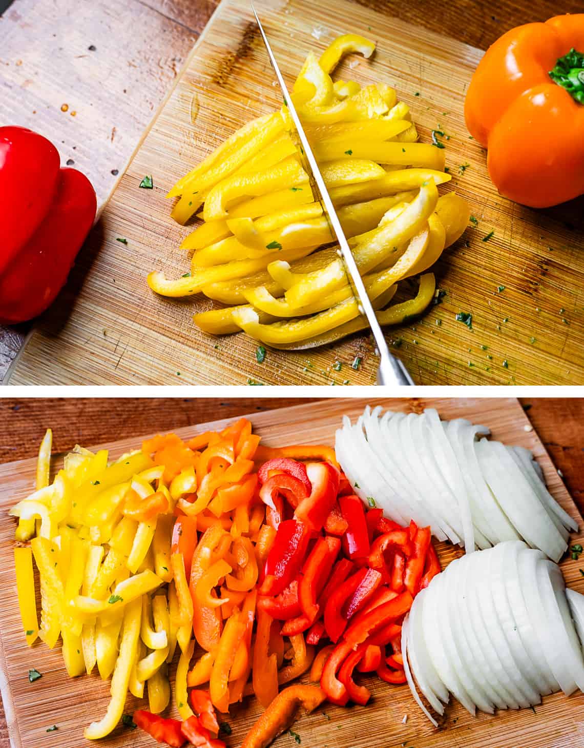 top cutting bell pepper strips into half, bottom sliced onions and chopped bell pepper on cutting board.