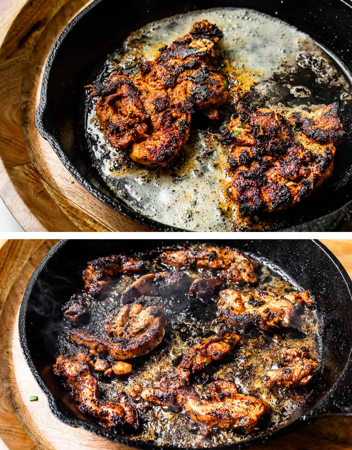 top whole chicken thighs getting blackened in cast iron skillet, bottom several small pieces frying.