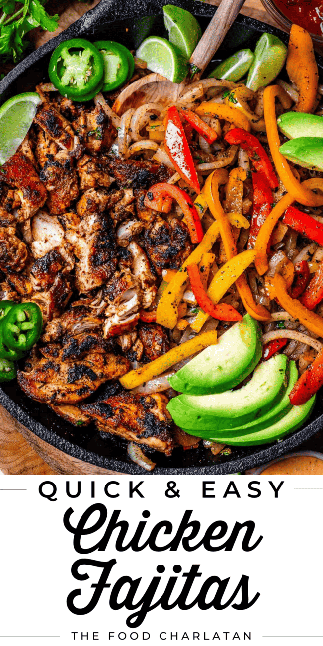 cast iron skillet filled with fajita filling with text "quick and easy chicken fajitas".