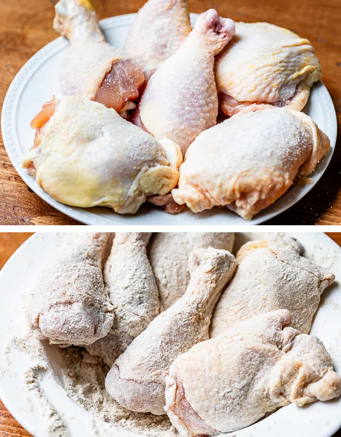 top raw bone in chicken, bottom same chicken pieces dredged in flour mixture.