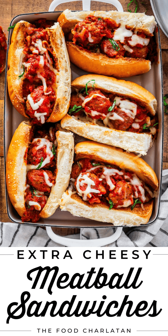 toasted hoagie meatball subs in a baking dish with text "extra cheesy meatball sandwiches".