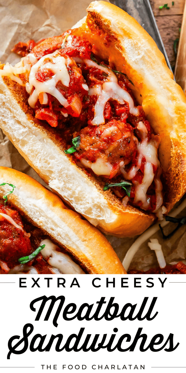close up shot of a meatball sub with text "extra cheesy meatball sandwiches".