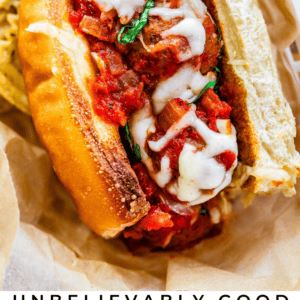 full toasted meatball sub with text "unbelievably good meatball subs".