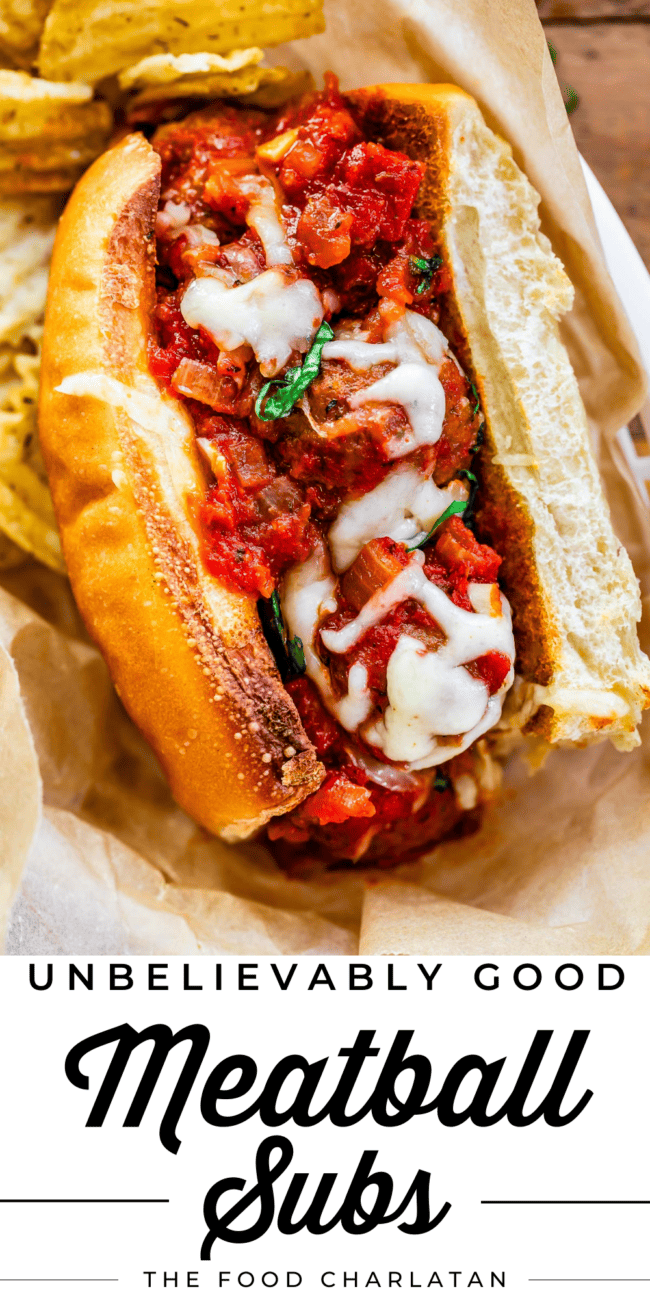 full toasted meatball sub with text "unbelievably good meatball subs".