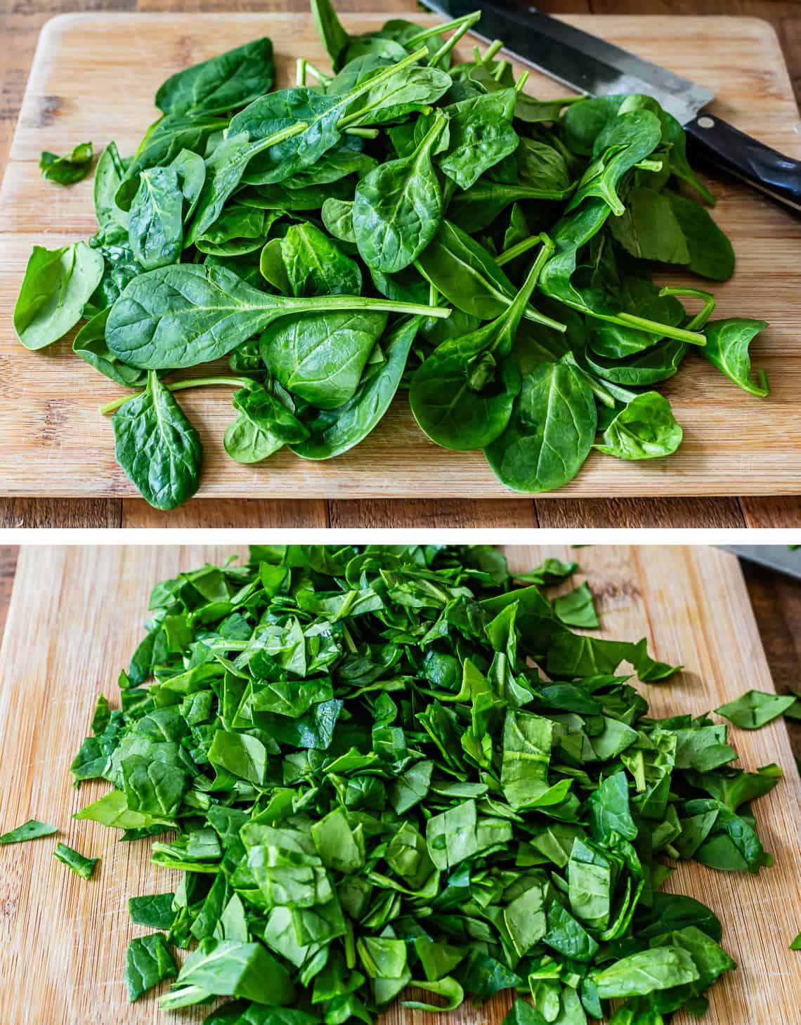 top uncut spinach leaves on a cutting board, bottom same leaves now chopped.