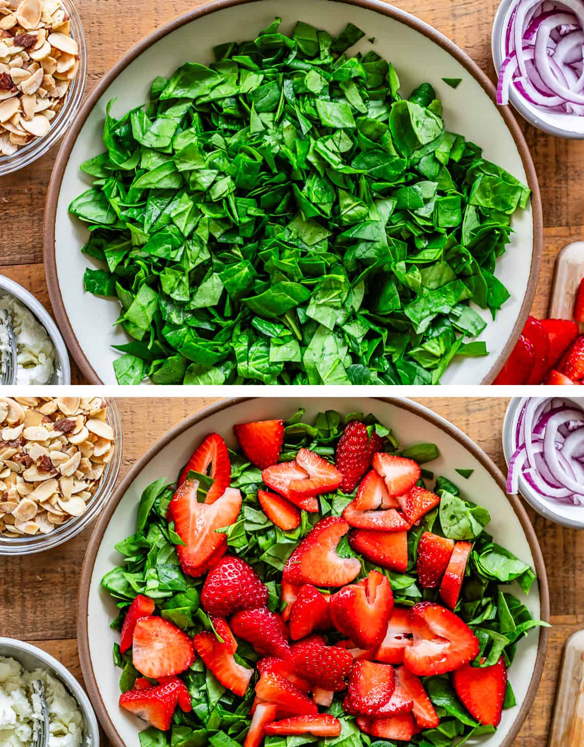 top chopped spinach leaves in serving bowl, bottom sliced strawberries added on top of spinach.
