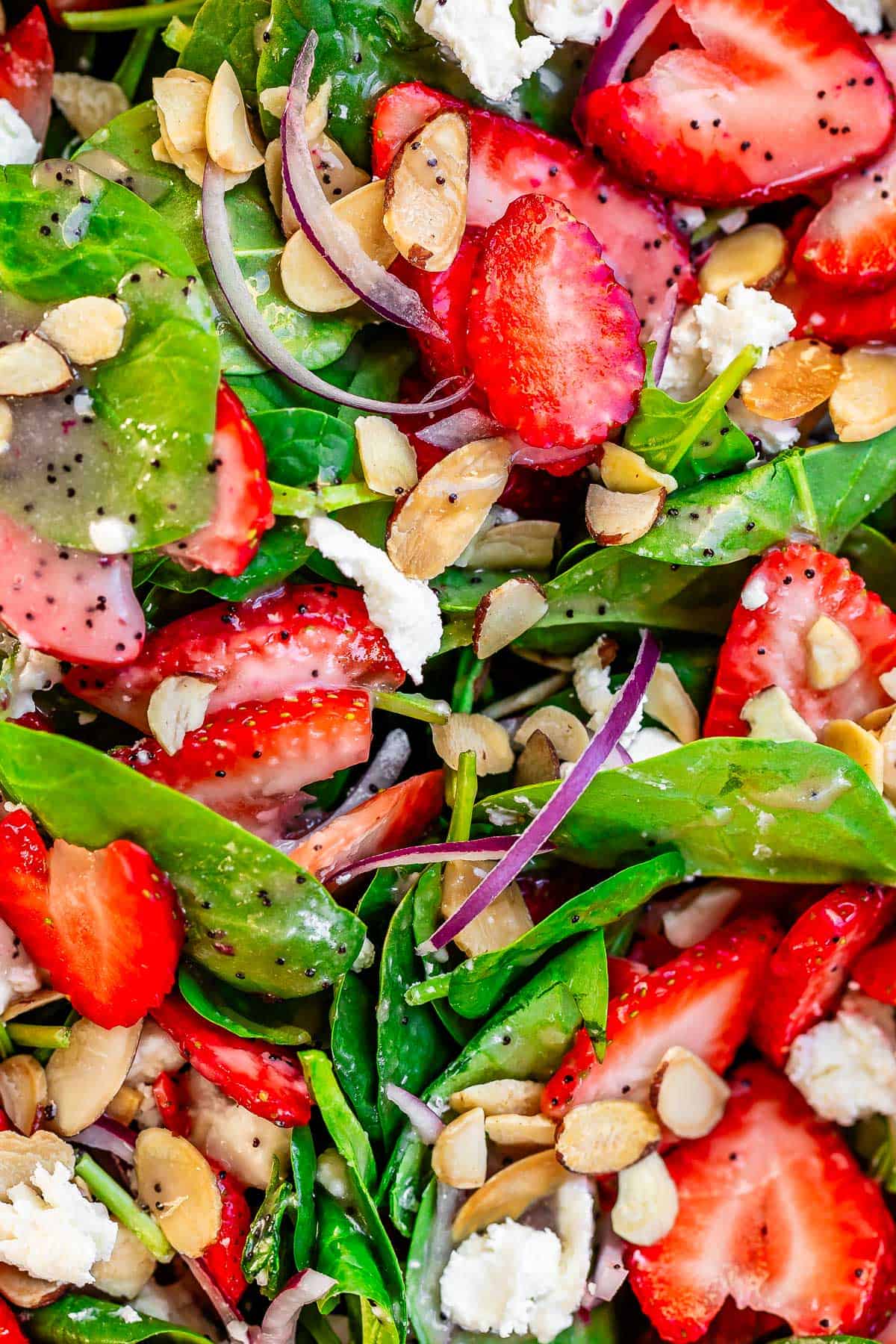 bright mix of spinach, strawberries, onions, goat cheese, and toasted slivered almonds.