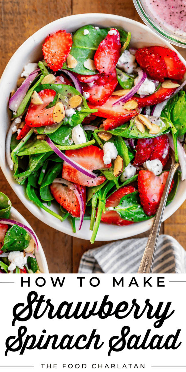bowl with dressed salad and text "how to make strawberry spinach salad".