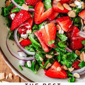 bowl with salad with text that says "the best strawberry spinach salad is chopped".