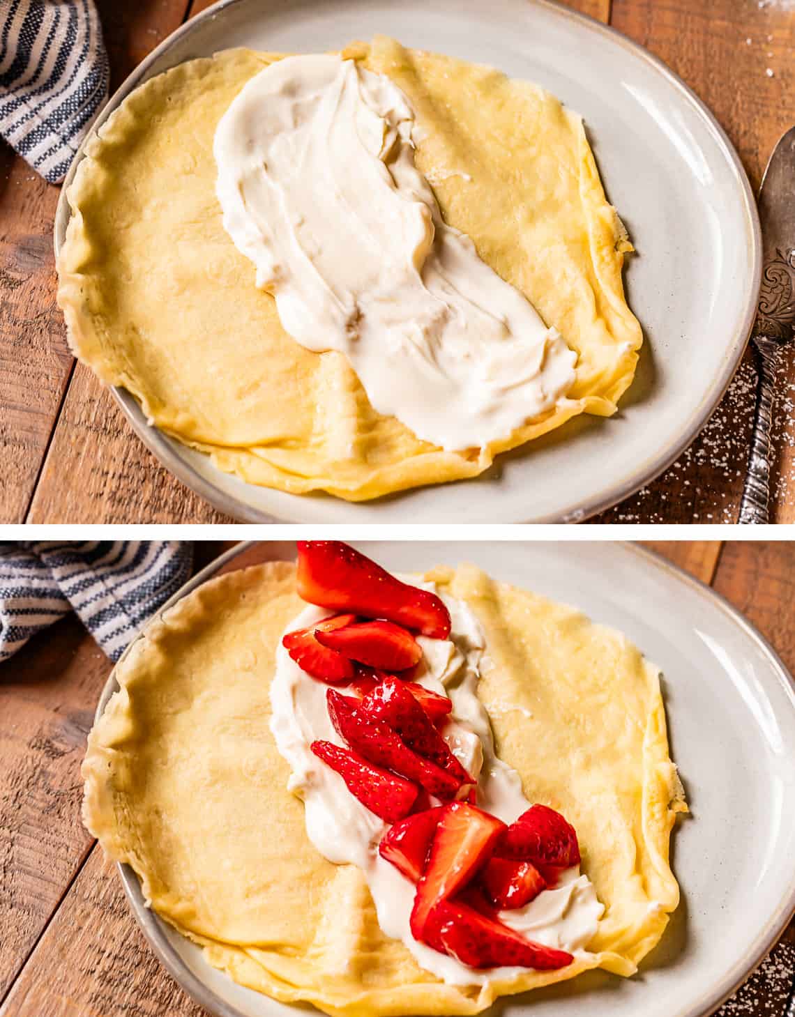 top crepe topped with cream cheese mixture, bottom strawberries added to top.