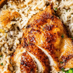Close-up of a chicken and rice casserole featuring baked chicken breast on fluffy rice with broccoli florets, garnished with herbs. The text above reads “Chicken & Rice Casserole.”.