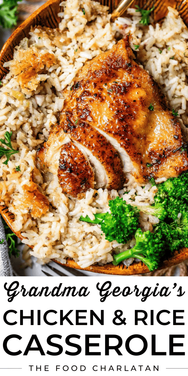 sliced browned chicken thigh in a bowl with rice and broccoli.