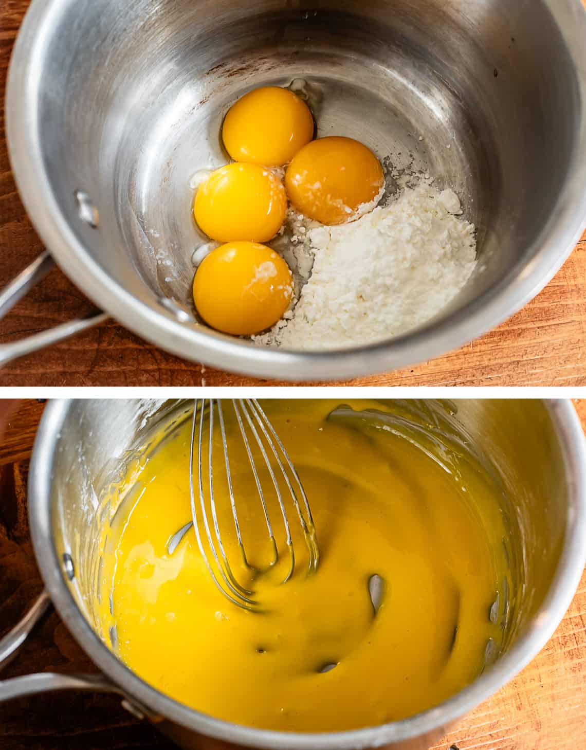 top eggs and cornstarch in a metal pot, bottom the two whisked together.