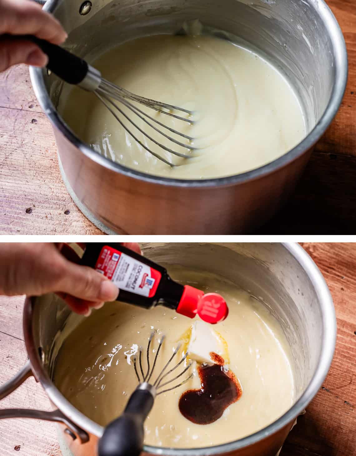 whisking coconut custard in a pot, then adding coconut extract.