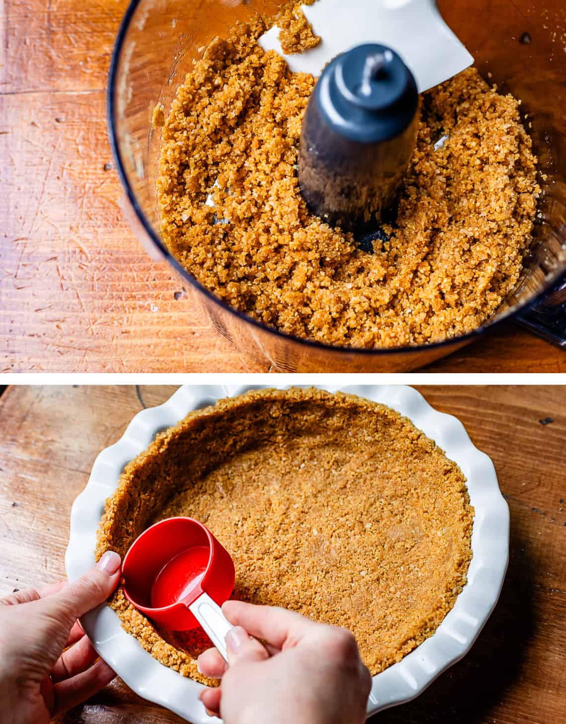 top blended crust ingredients in bowl, bottom using a measuring cup to press crust in pan.