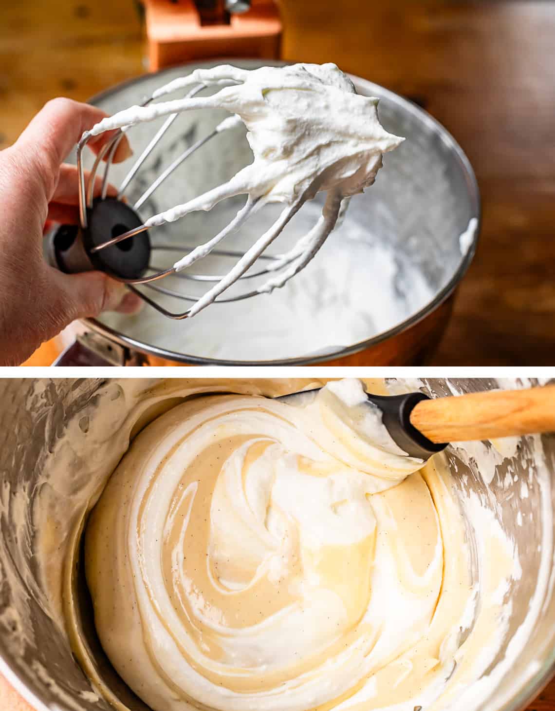 top stiff whipped cream on beater, bottom folding coconut custard into whipped cream.