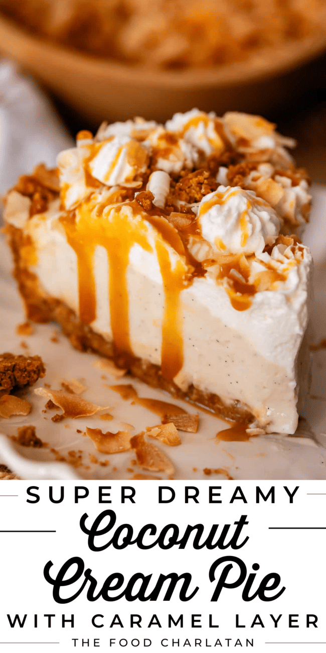 Pinterest image of coconut cream pie with whipped cream, drizzled caramel, and coconut bits.
