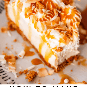 Pin image of coconut cream pie on a white plate with bite taken out.