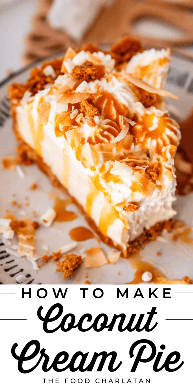 Pin image of coconut cream pie on a white plate with bite taken out.